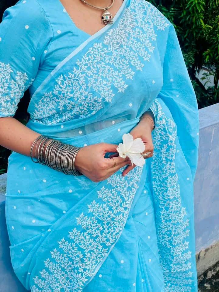 Half silk block print sharee