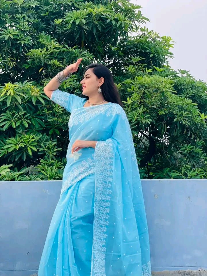 Half silk block print sharee